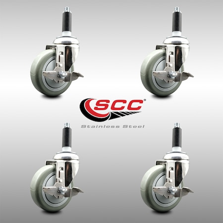 Service Caster 4 Inch 316SS Gray Poly Swivel 7/8 Inch Expanding Stem Caster Set Brake SCC SCC-SS316EX20S414-PPUB-TLB-78-4